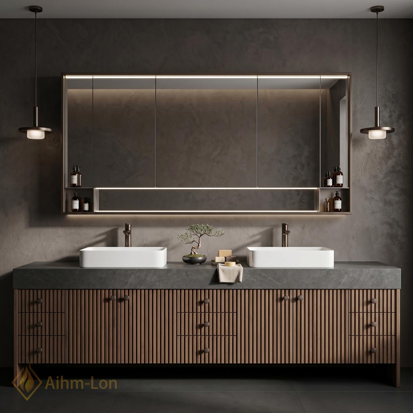 76''-96'' Modern Floating Bathroom Vanity with Sink Double Dark Walnut Slatted Panel