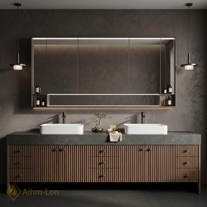 76''-96'' Modern Floating Bathroom Vanity with Sink Double Dark Walnut Slatted Panel