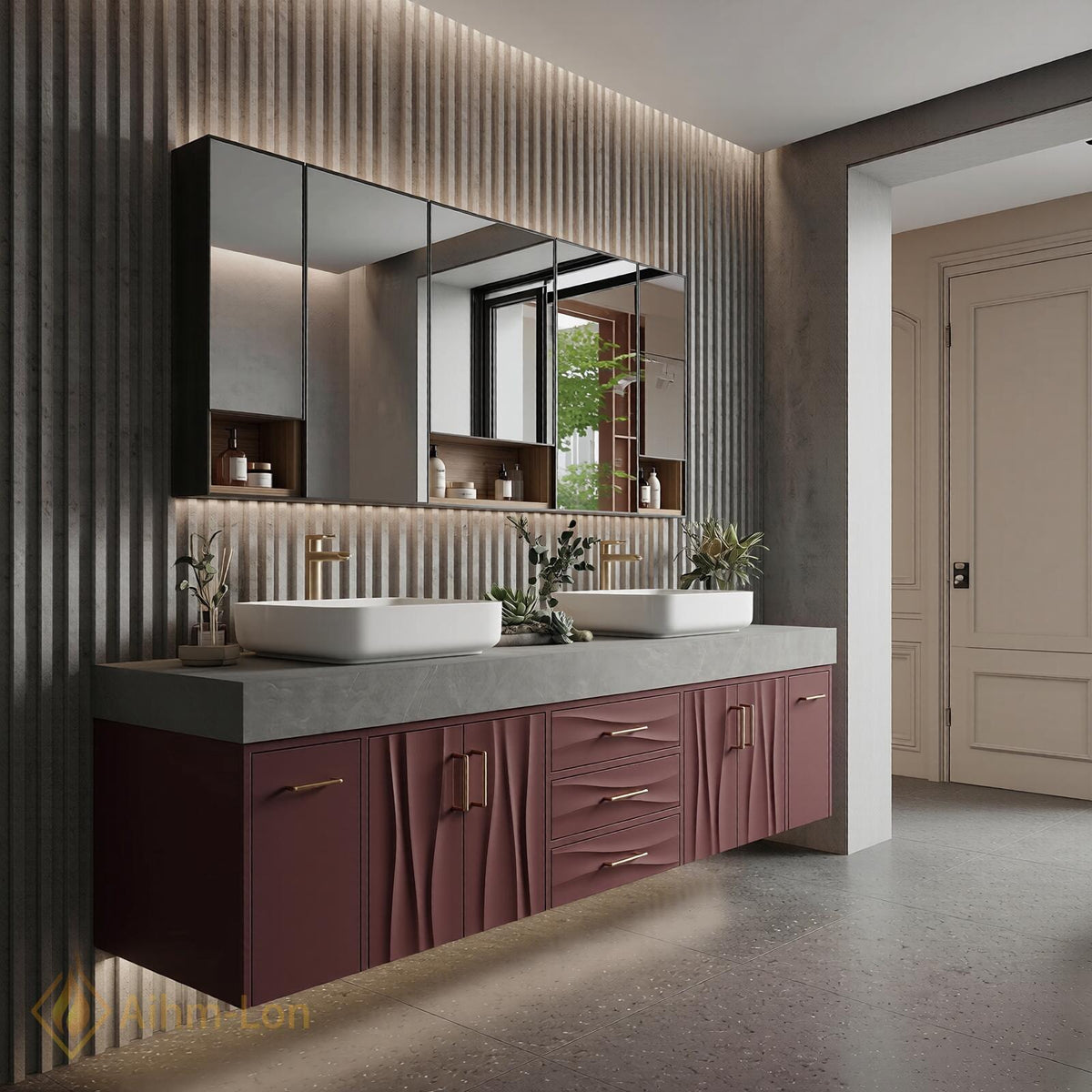76''-96'' Double Bathroom Vanity with Sink Floating Double Wavy Curved Panels Deep