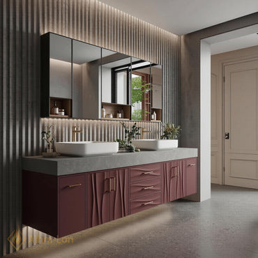 76''-96'' Double Bathroom Vanity with Sink Floating Double Wavy Curved Panels Deep