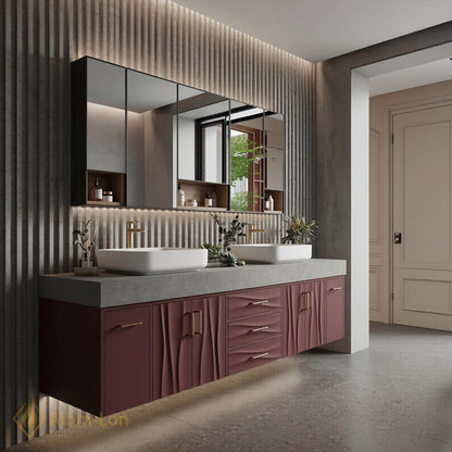 76''-96'' Double Bathroom Vanity with Sink Floating Double Wavy Curved Panels Deep