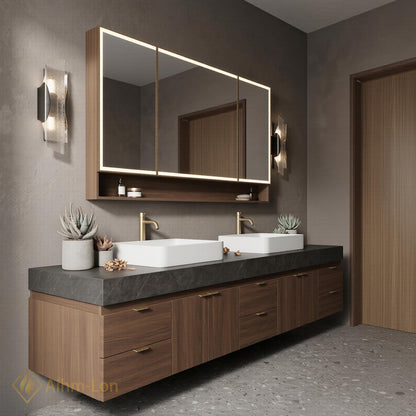 78''-96'' Double Bathroom Vanity with Sink Modern Floating Dark Wood Finish Rectangular