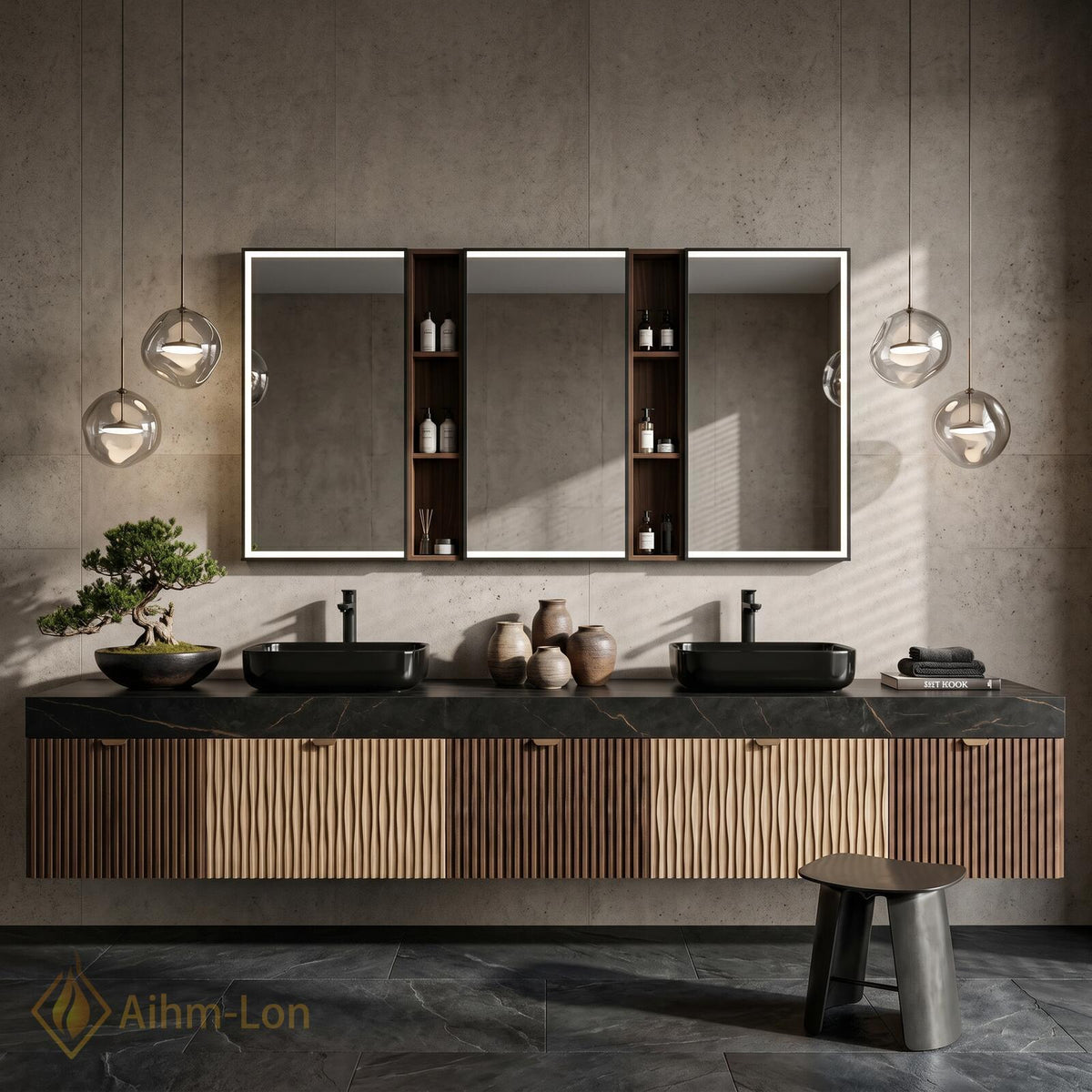 76''-96'' Double Bathroom Vanity with Sink Floating Double Dark Stone Top Slatted
