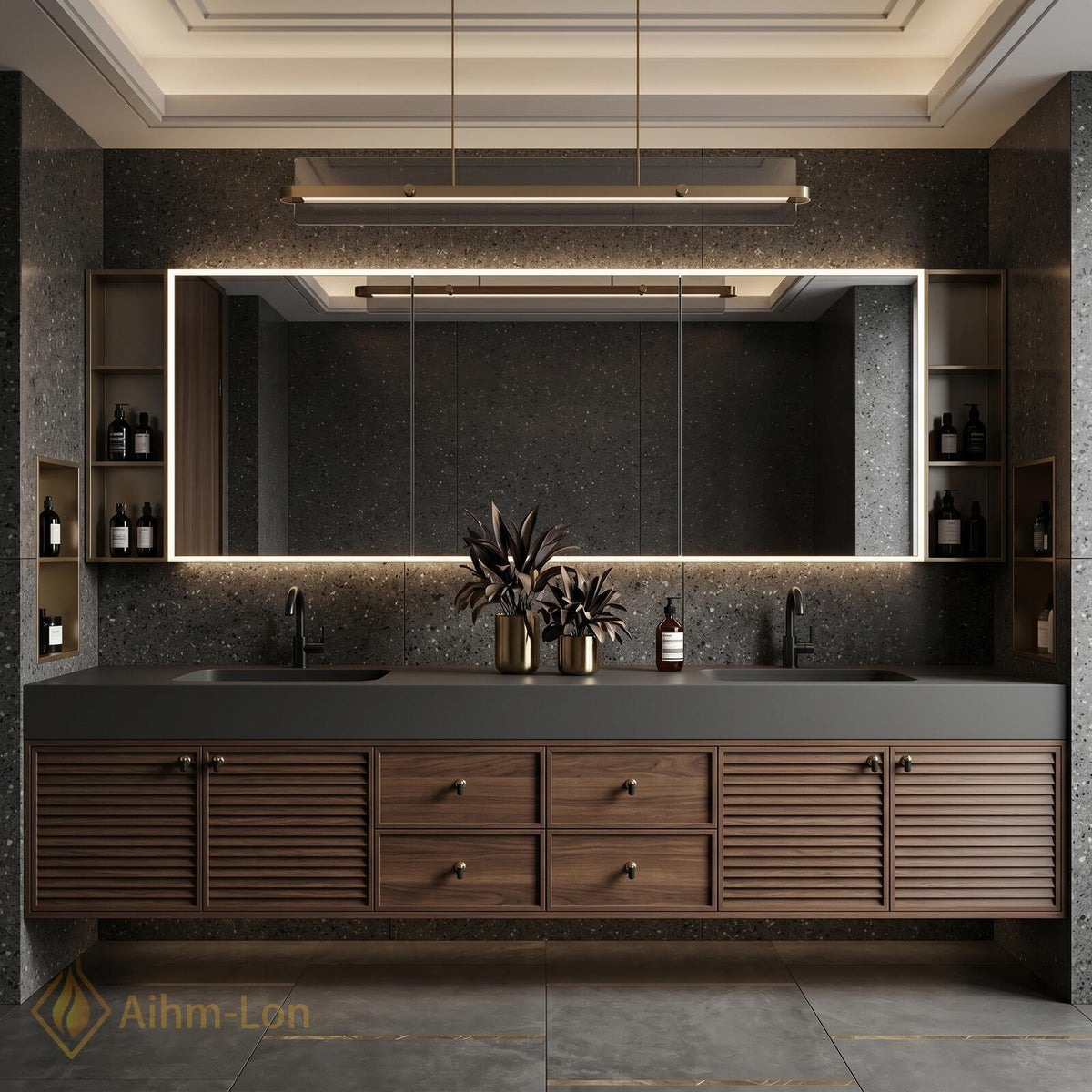 60''-96'' Double Bathroom Vanity with Sink Modern Floating Dark Walnut Slatted Panel
