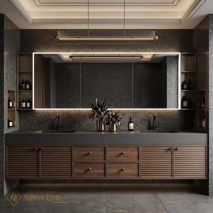 60''-96'' Double Bathroom Vanity with Sink Modern Floating Dark Walnut Slatted Panel