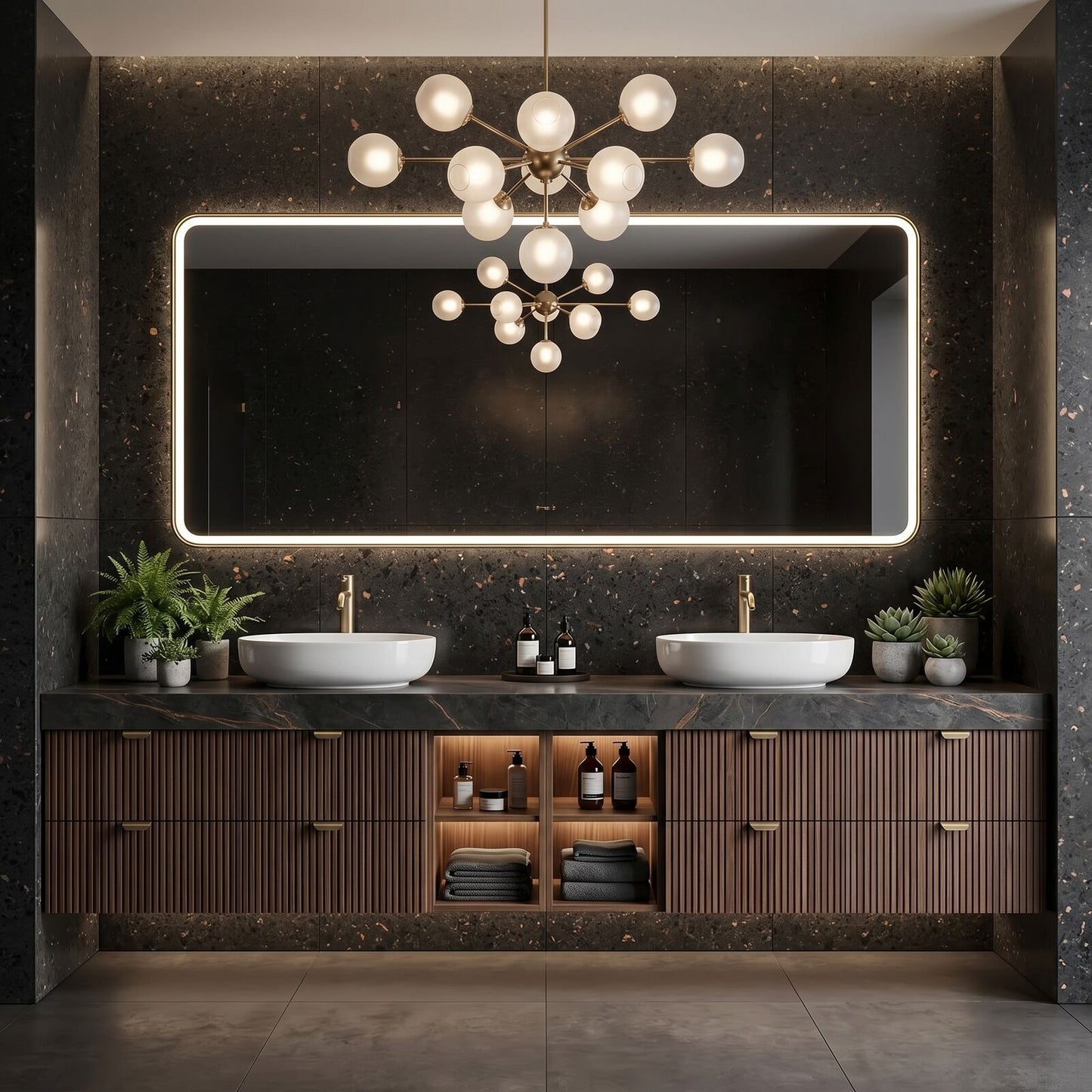 60''-96'' Modern Bathroom Vanity with Sink Dark Stone-Textured Wooden Slatted Front Panels