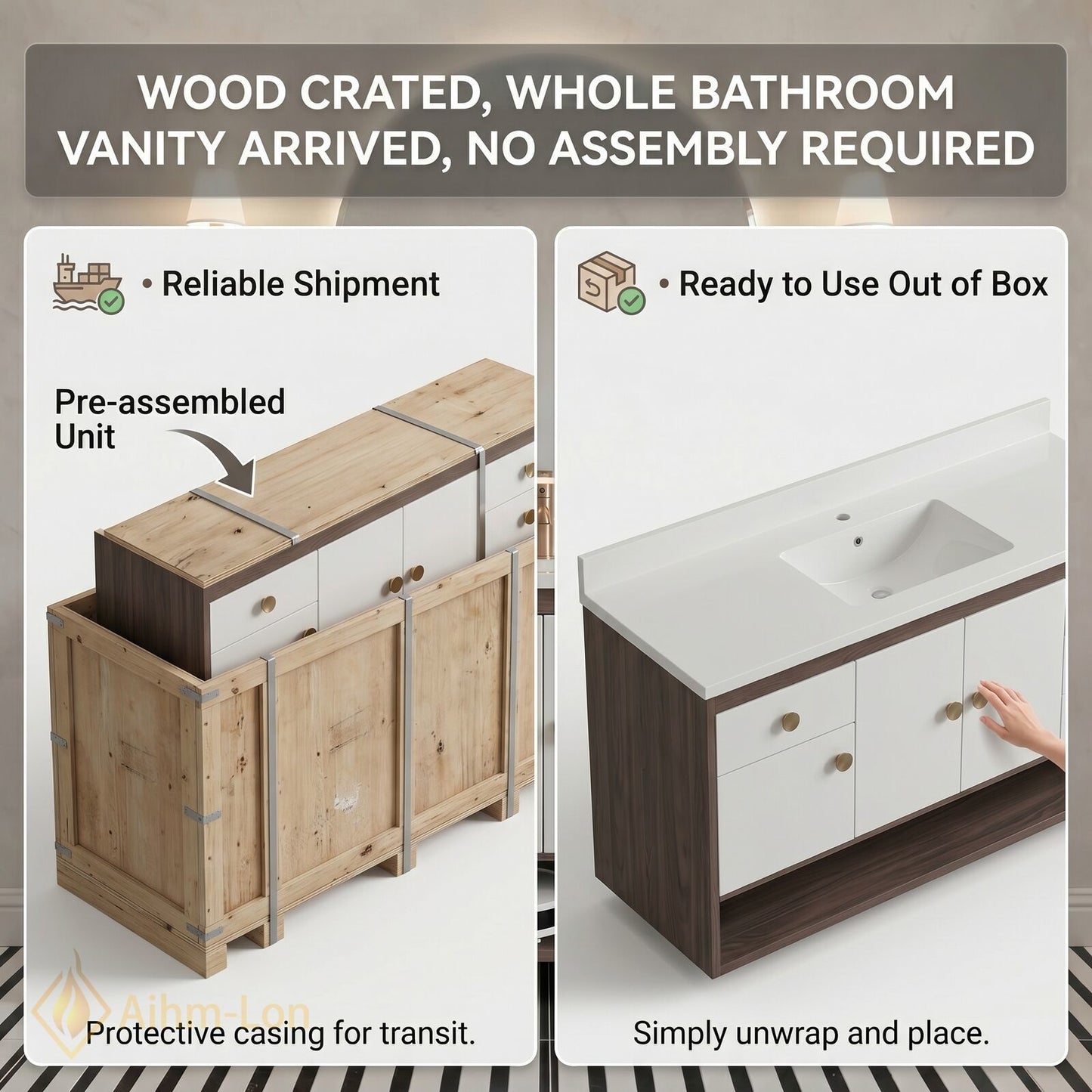 48''-64'' Modern Bathroom Vanity with Sink Floating White Sliding Doors Open Shelf