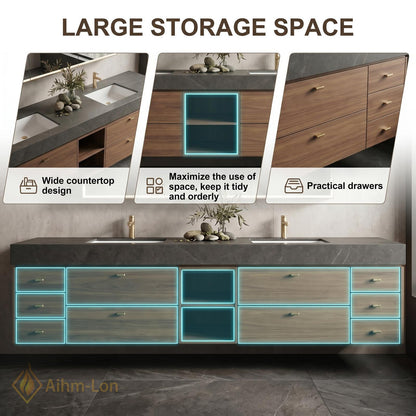 72''-96'' Double Bathroom Vanity with Sink Dark Floating Stone-Top Wooden Drawers