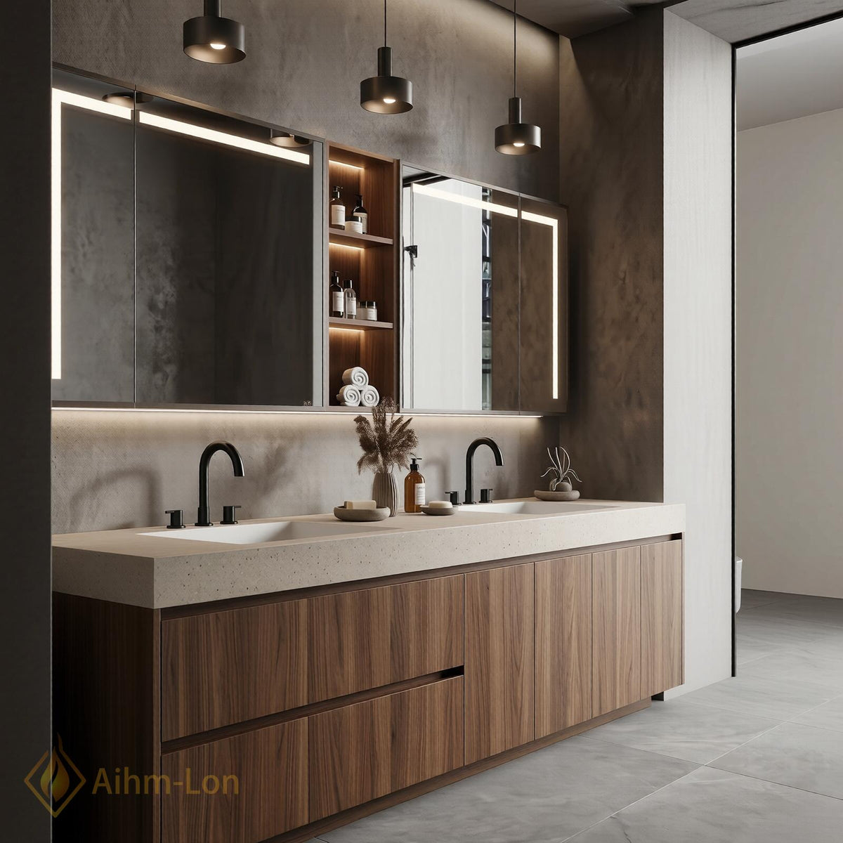 60''-96'' Double Bathroom Vanity with Sink Modern Warm Wood Finish Large Mirror