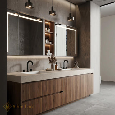 60''-96'' Double Bathroom Vanity with Sink Modern Warm Wood Finish Large Mirror