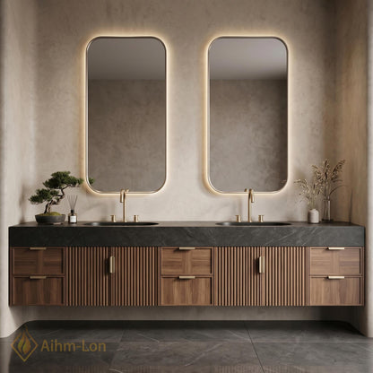 76''-96'' Double Bathroom Vanity with Sink Dark-Wood Modern Floating Stone-Top