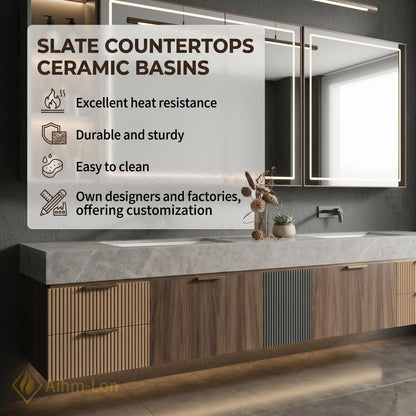 78''-96'' Double Bathroom Vanity with Sink Floating Vanity Grain Finish Slatted Center