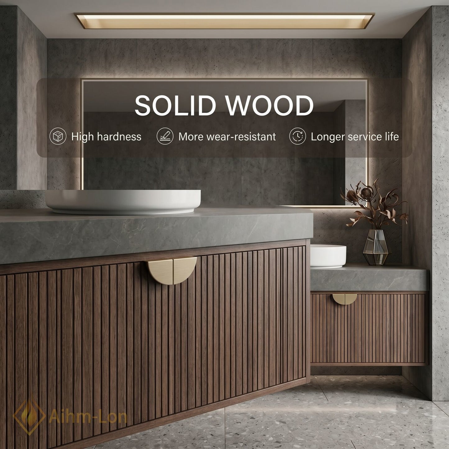60''-96'' Double Bathroom Vanity with Sink Modern Solid-Wood Wood-Grain Slatted Open-Shelving Sleek