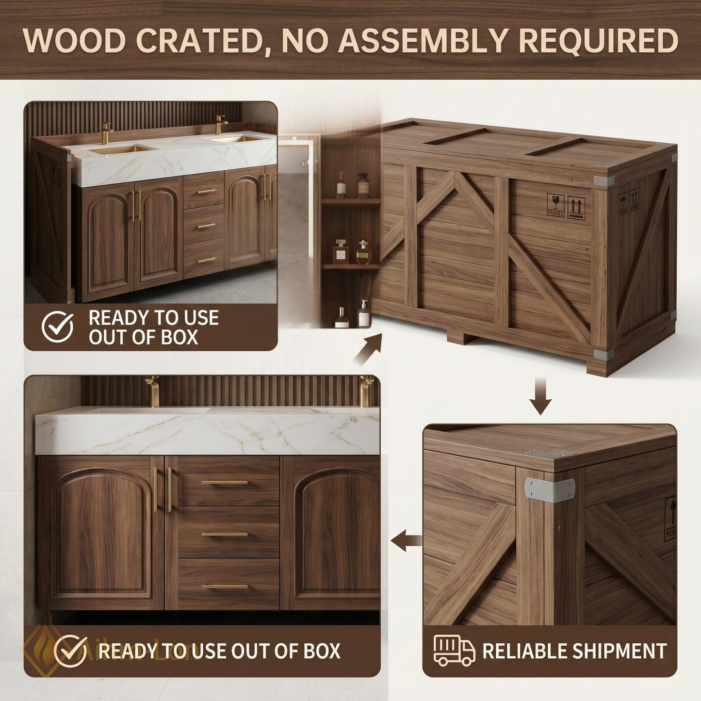72''-96'' Double Bathroom Vanity with Sink Modern Floating Top Doors Slatted-Panel