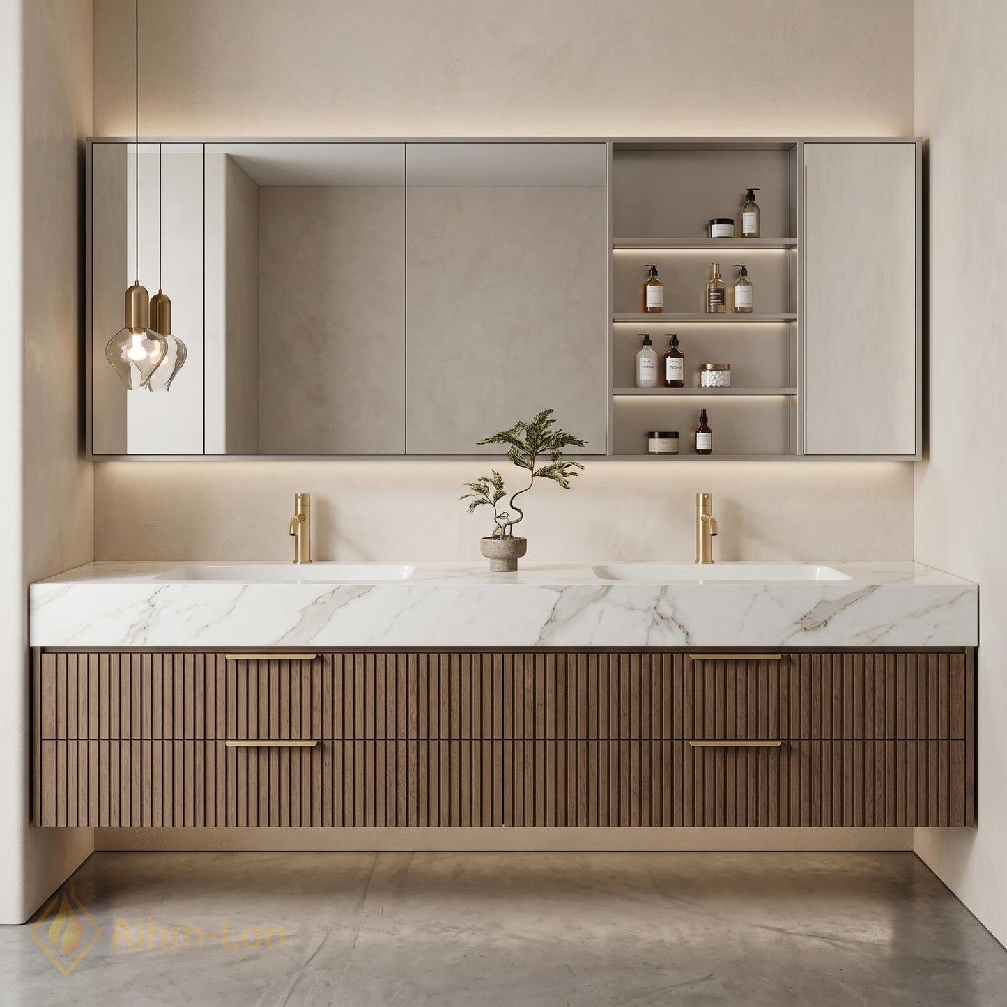 60''-96'' Double Bathroom Vanity with Sink Modern Floating Slatted Front Dark Walnut