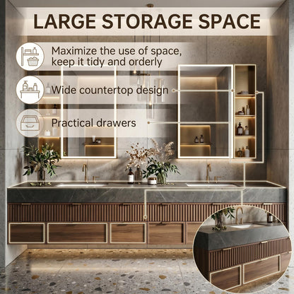 78''-96'' Modern Bathroom Vanity with Sink Stone Gray Slatted Wood Front Panels