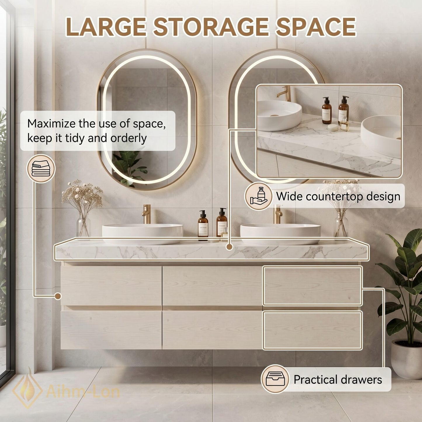 60''-96'' Modern Bathroom Vanity with Sink Floating White Marble Anti-Fog Light Drawers