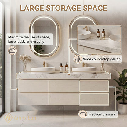 60''-96'' Modern Bathroom Vanity with Sink Floating White Marble Anti-Fog Light Drawers