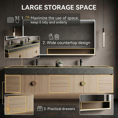 60''-96'' Double Bathroom Vanity with Sink Modern Floating Light Wood Finish Cabinet
