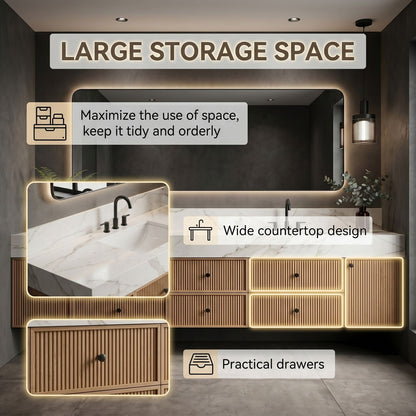 70''-96'' Modern Bathroom Vanity with Sink Double Sink Vertical Slat White Marble Pattern Cabinet