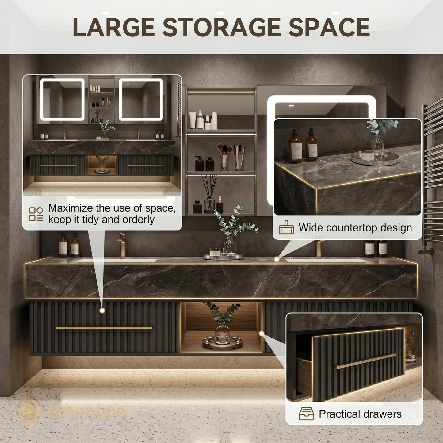 60''-96'' Double Bathroom Vanity with Sink Modern Floating Dark Stone Top Slatted
