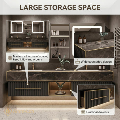 60''-96'' Double Bathroom Vanity with Sink Modern Floating Dark Stone Top Slatted