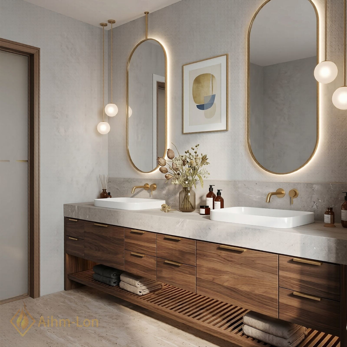 78''-96'' Double Bathroom Vanity with Sink Grey Stone Look Countertop Wood Drawers