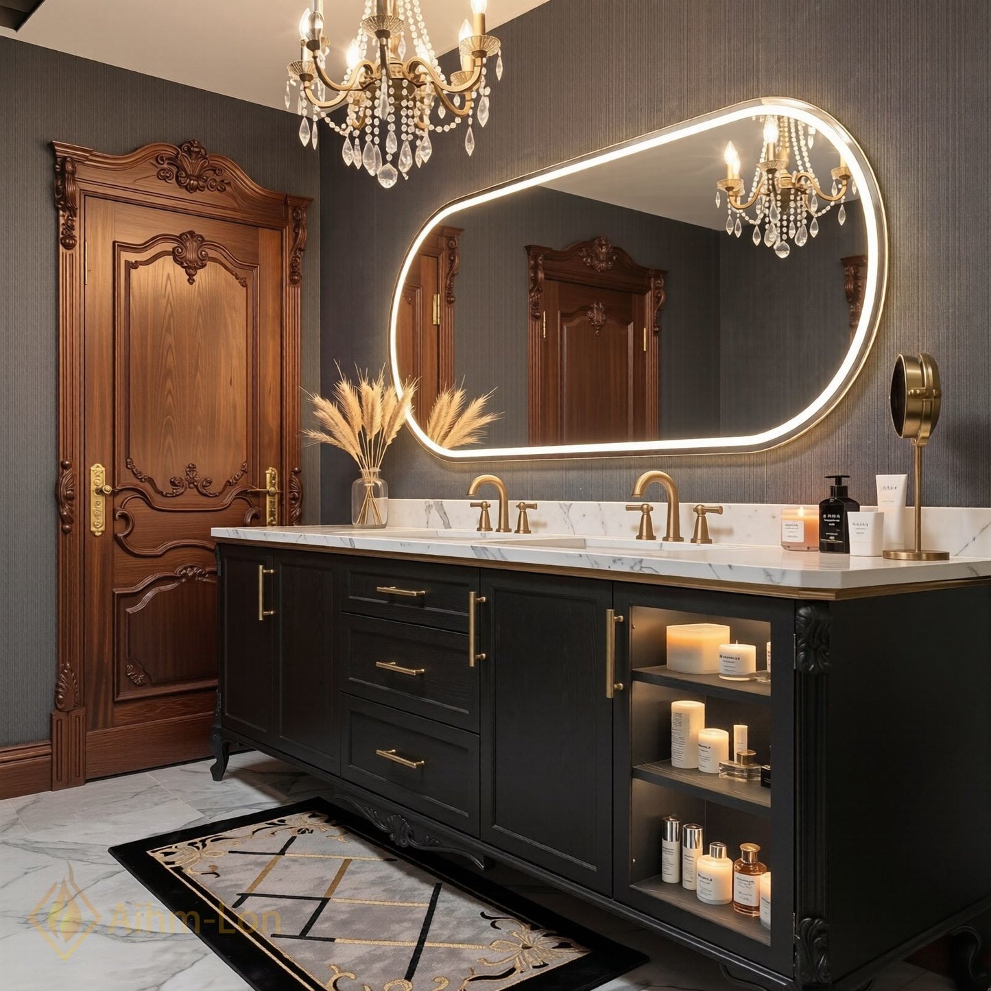 60''-96'' Double Bathroom Vanity with Sink Curved Marble-Look Stone Glass Display Cabinet