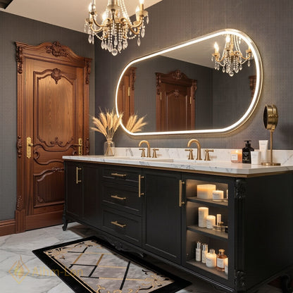 60''-96'' Double Bathroom Vanity with Sink Curved Marble-Look Stone Glass Display Cabinet