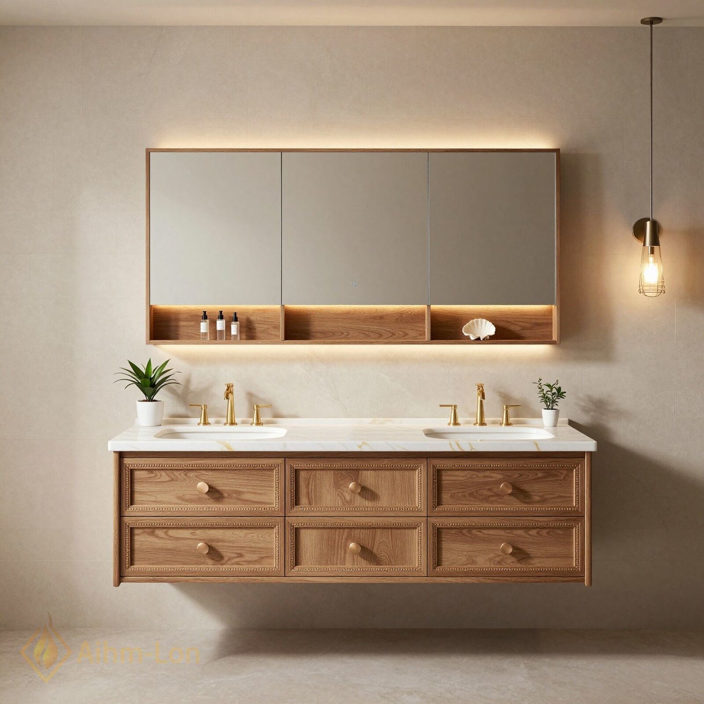 60''-96'' Double Bathroom Vanity with Sink White Marble Top Six Drawers Wall Mounted Mirror