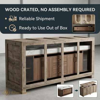 76''-96'' Double Bathroom Vanity with Sink Dark-Walnut Slatted Center Panel Open