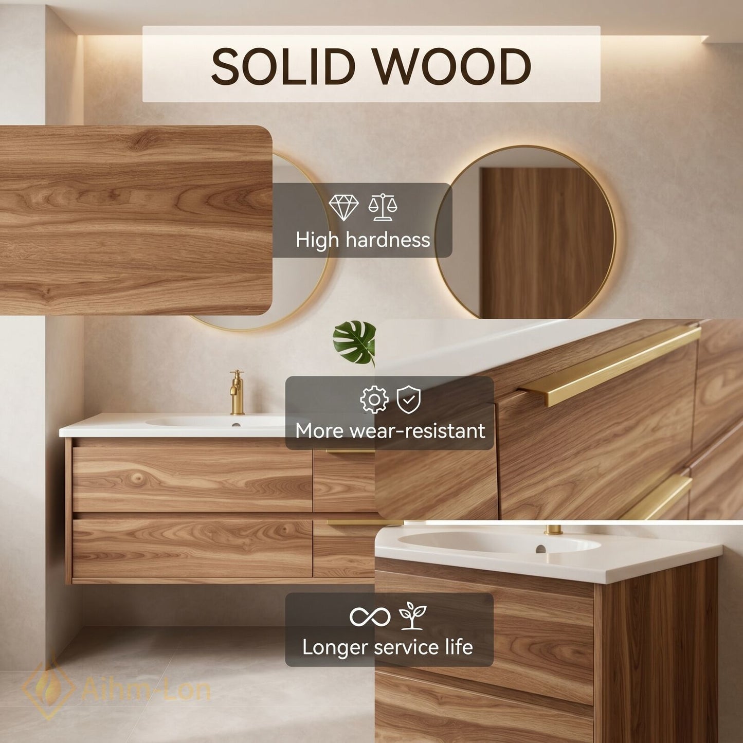 60''-96'' Modern Bathroom Vanity with Sink Floating Undermount Wide Counter Solid Wood