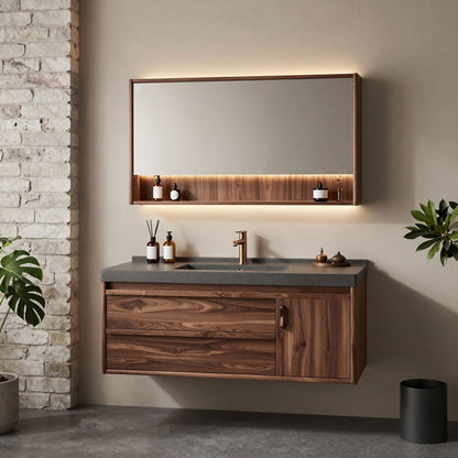 36''-64'' Modern Bathroom Vanity with Sink Floating Grey Stone Walnut Wood Grain Deep Drawers
