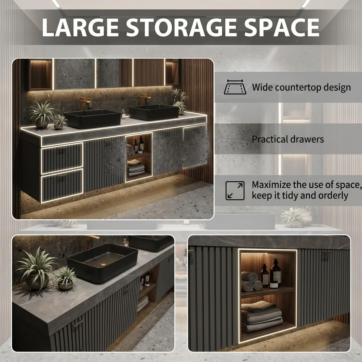 60''-96'' Double Bathroom Vanity with Sink Modern Floating Dark Slatted Speckled Stone Top
