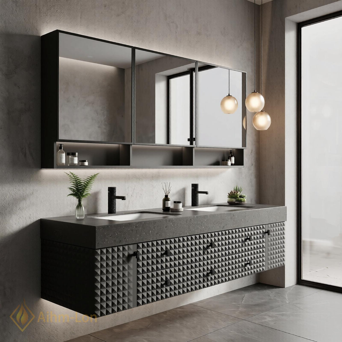 60''-96'' Double Bathroom Vanity with Sink Modern Floating Geometric Facade Dark Stone