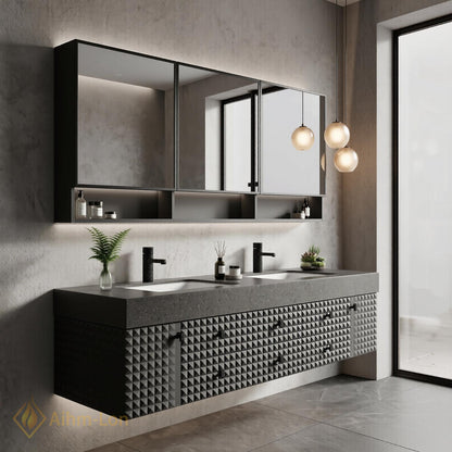 60''-96'' Double Bathroom Vanity with Sink Modern Floating Geometric Facade Dark Stone