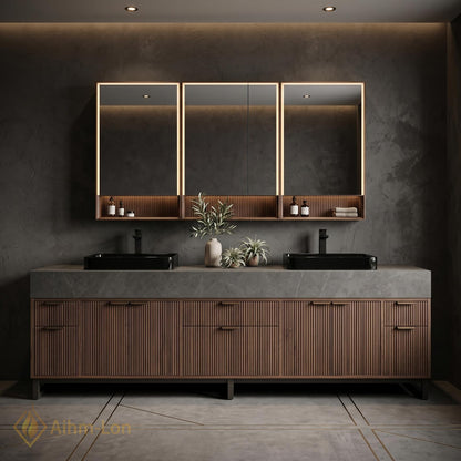 60''-96'' Double Bathroom Vanity with Sink Slatted Panel Doors Warm Walnut Finish