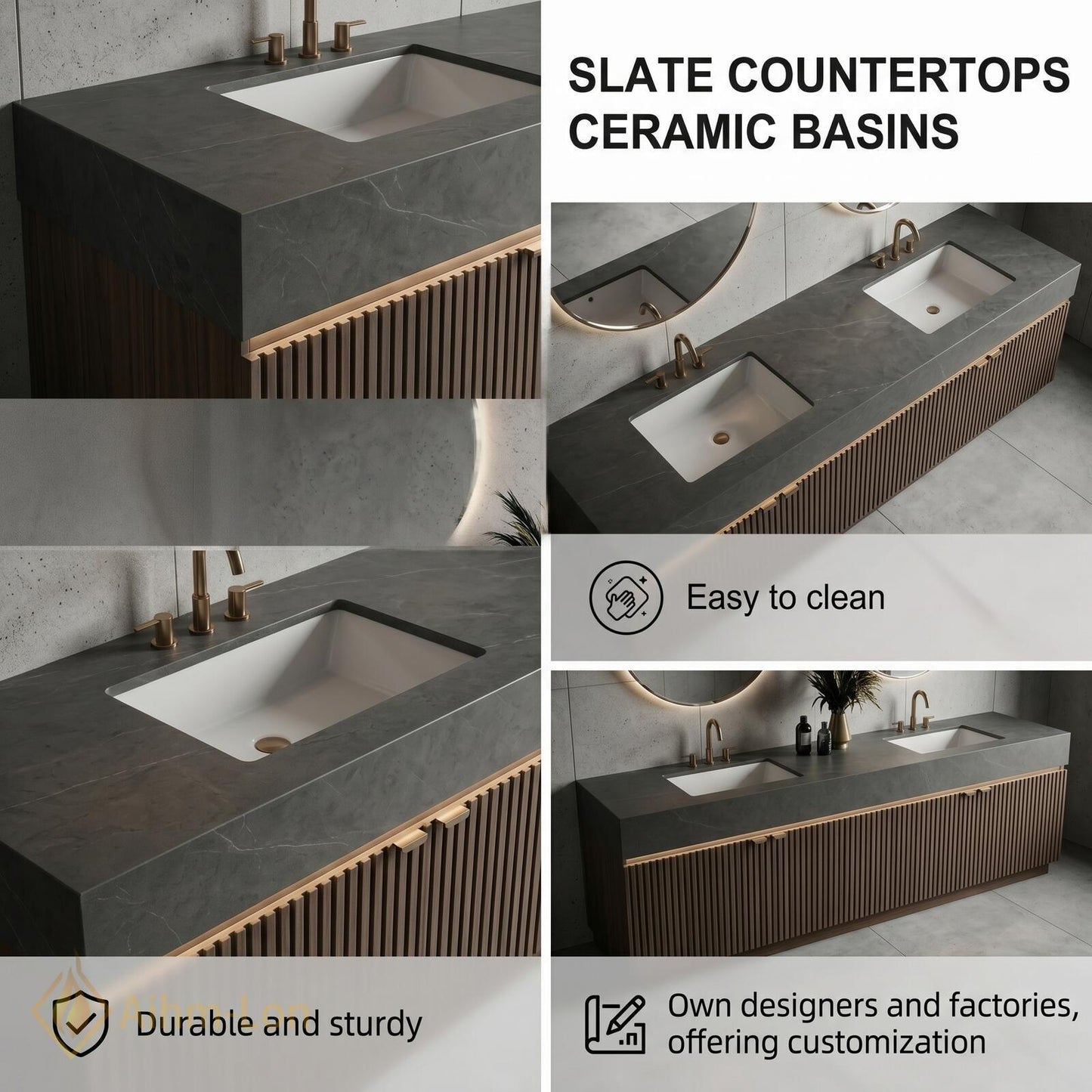 60''-96'' Double Bathroom Vanity with Sink Dark-Walnut Modern Floating Slatted Open