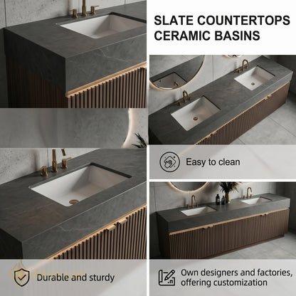 60''-96'' Double Bathroom Vanity with Sink Dark-Walnut Modern Floating Slatted Open
