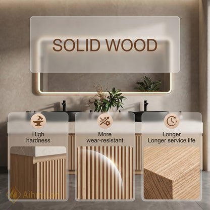 60''-96'' Double Bathroom Vanity with Sink Light Wood Finish Marble Top Contemporary