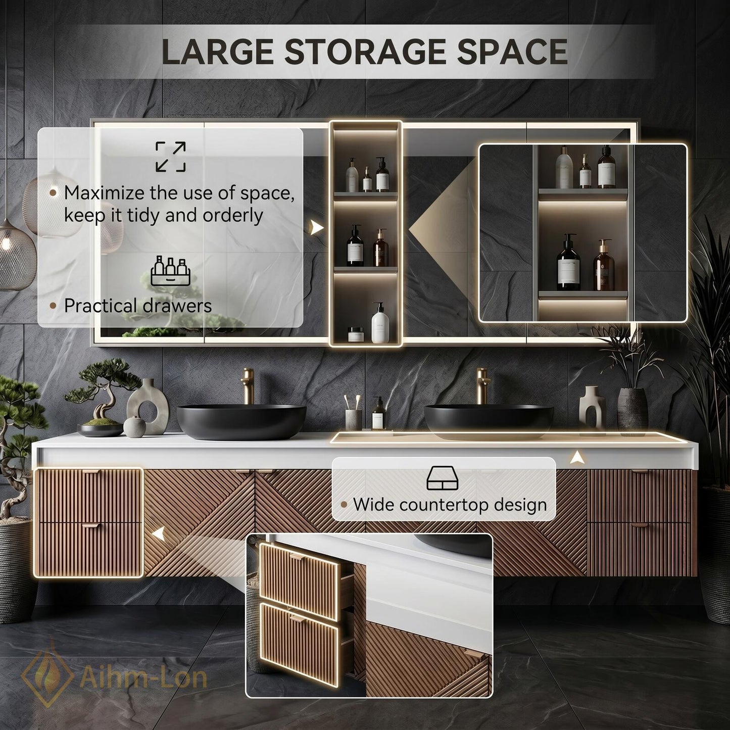 76''-96'' Floating Bathroom Vanity with Sink Geometric Slatted Wood Warm Grain Texture