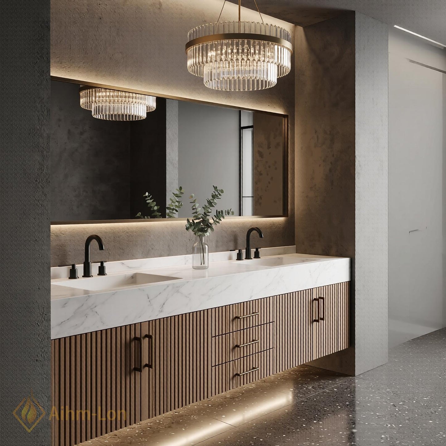 60''-96'' Double Bathroom Vanity with Sink White Modern Floating Slatted-Panels Marble