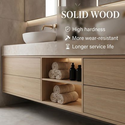 60''-96'' Floating Bathroom Vanity with Sink Double Sink Light Wood Open Shelving Drawers Mirror