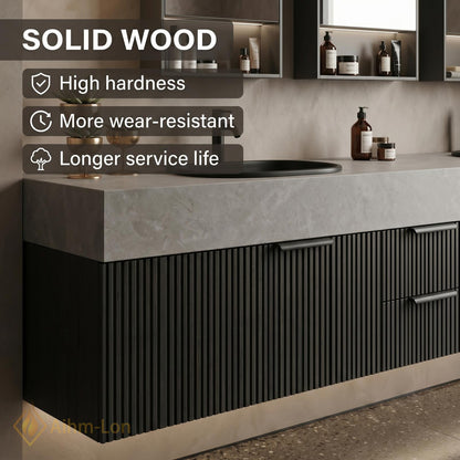 60''-96'' Bathroom Vanity with Sink Floating Slat-Panel Lower Doors Solid Wood Base