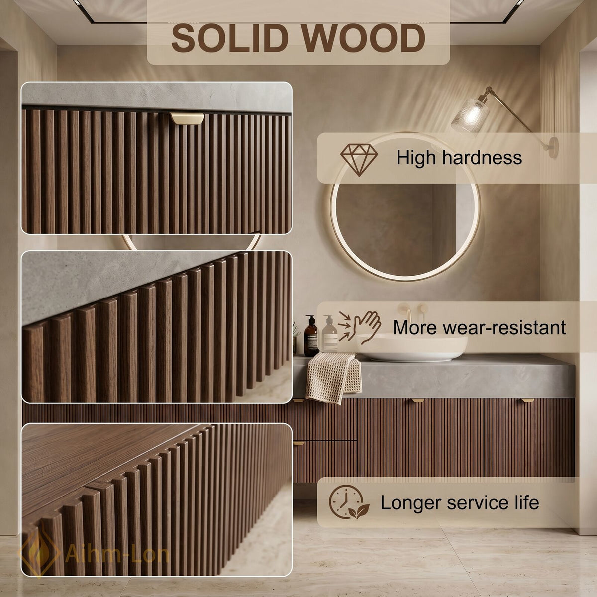60''-96'' Double Bathroom Vanity with Sink Ribbed Wood Panels Warm Walnut Finish