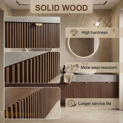 60''-96'' Double Bathroom Vanity with Sink Ribbed Wood Panels Warm Walnut Finish
