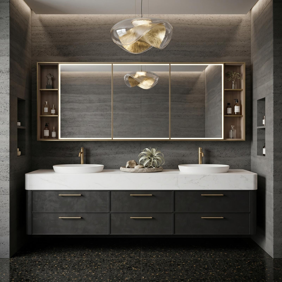 60''-96'' Double Bathroom Vanity with Sink Modern Floating Stone-Like Finish Deep Drawers