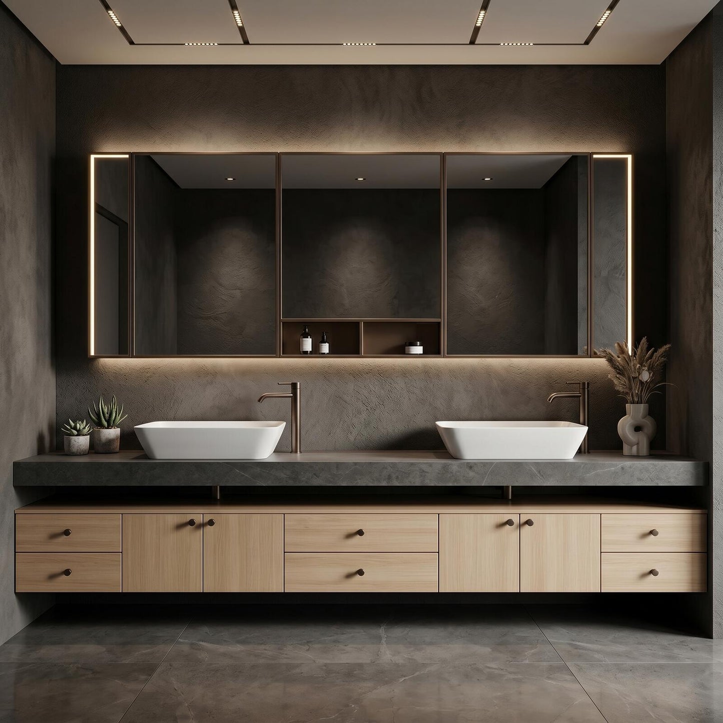 76''-96'' Floating Bathroom Vanity with Sink Dark Gray Stone Light Wood Drawers Mirror Cabinet