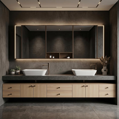 76''-96'' Floating Bathroom Vanity with Sink Dark Gray Stone Light Wood Drawers Mirror Cabinet