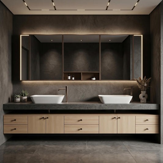 76''-96'' Floating Bathroom Vanity with Sink Dark Gray Stone Light Wood Drawers Mirror Cabinet
